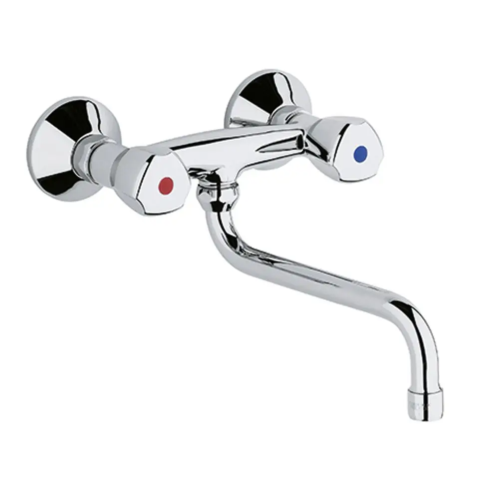 Wandarmatur von Kludi mit zwei Griffflächen für heißes und kaltes Wasser, verchromt, mit langer Ausladung für einen Spültisch.